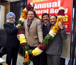 The house unanimously elected Mr. Parveen Aggarwal as President and Mr. Kamal Chopra as General Secretary yet for another term of two years. In the picture Mr. S S Dhillon (extreme left and Mr. Romi Malhotra (third from left) garlanding Mr. Agarwal and Mr. Chopra.